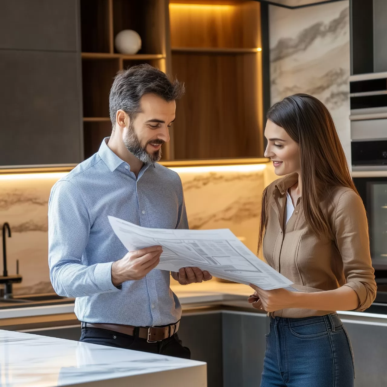 Homeowners reviewing kitchen remodeling plans with a contractor during a home renovation consultation
