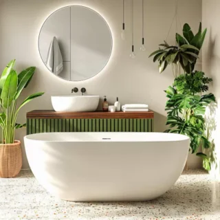 Modern luxury bathroom with a freestanding soaking tub, floating vanity, round mirror, and contemporary finishes
