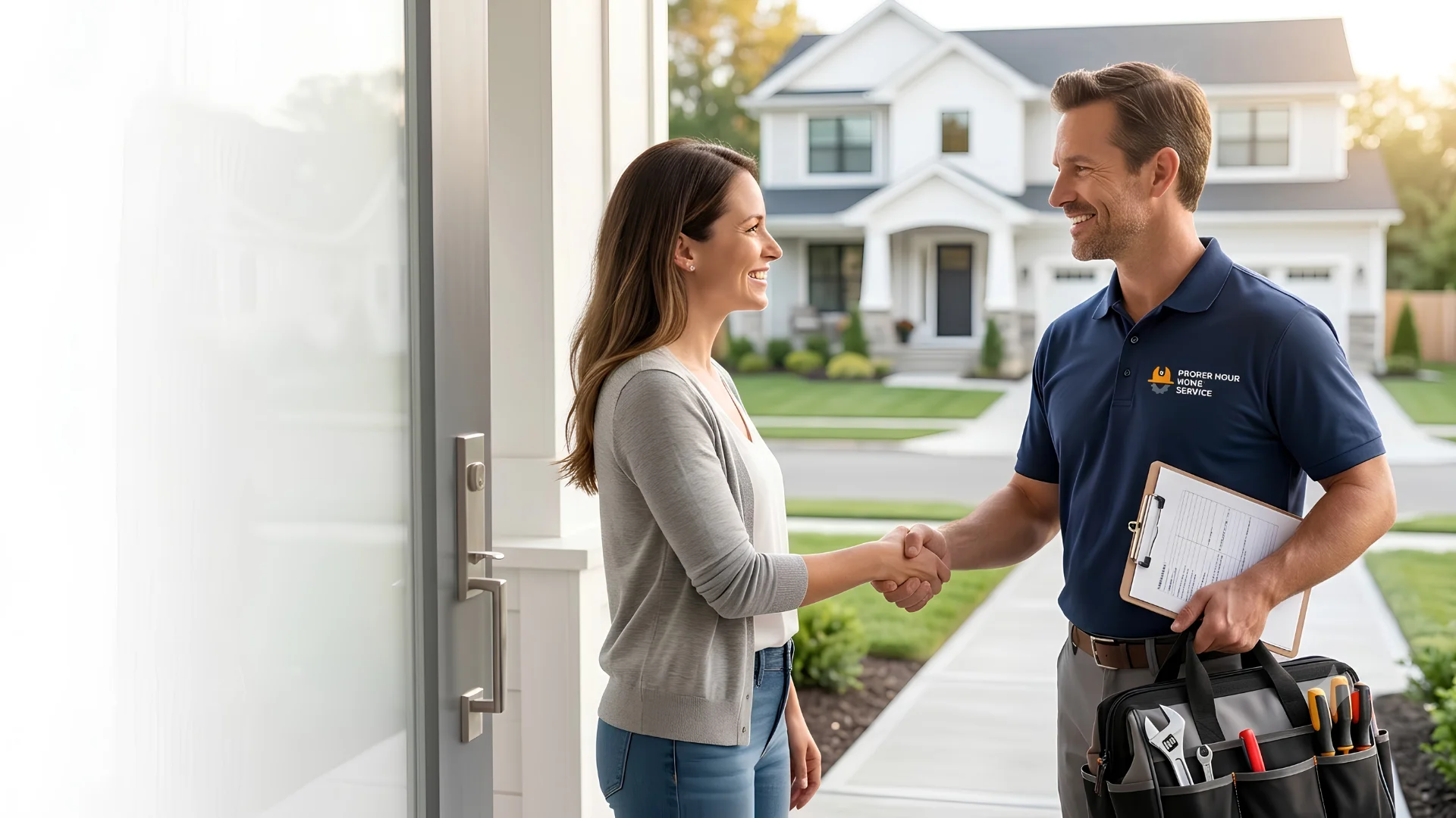 Friendly home service technician shaking hands with a homeowner at the front door after completing a residential repair appointment.