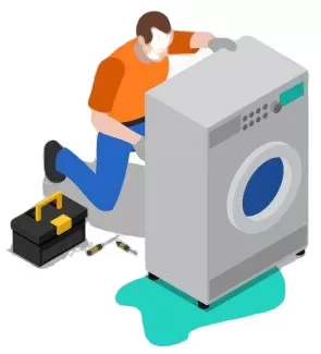 Handyman repairing a leaking washing machine during residential appliance maintenance