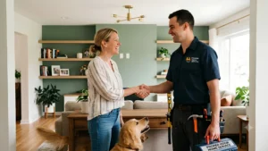 Happy homeowner shaking hands with a professional handyman inside a modern living room after a successful home repair, with a friendly golden retriever nearby.