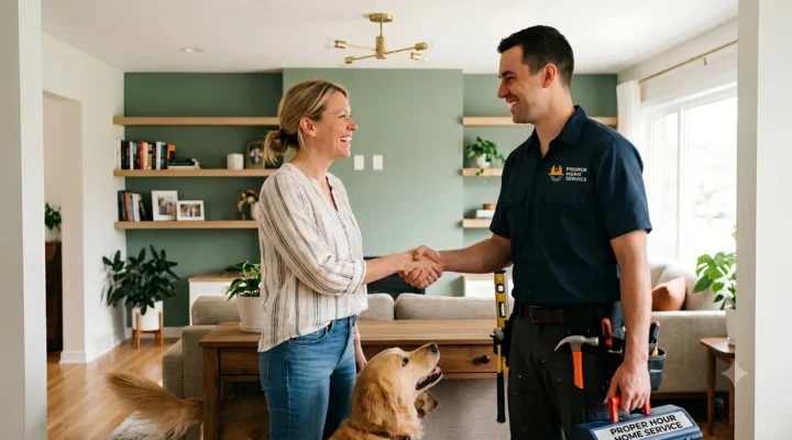 Happy homeowner shaking hands with a professional handyman inside a modern living room after a successful home repair, with a friendly golden retriever nearby.