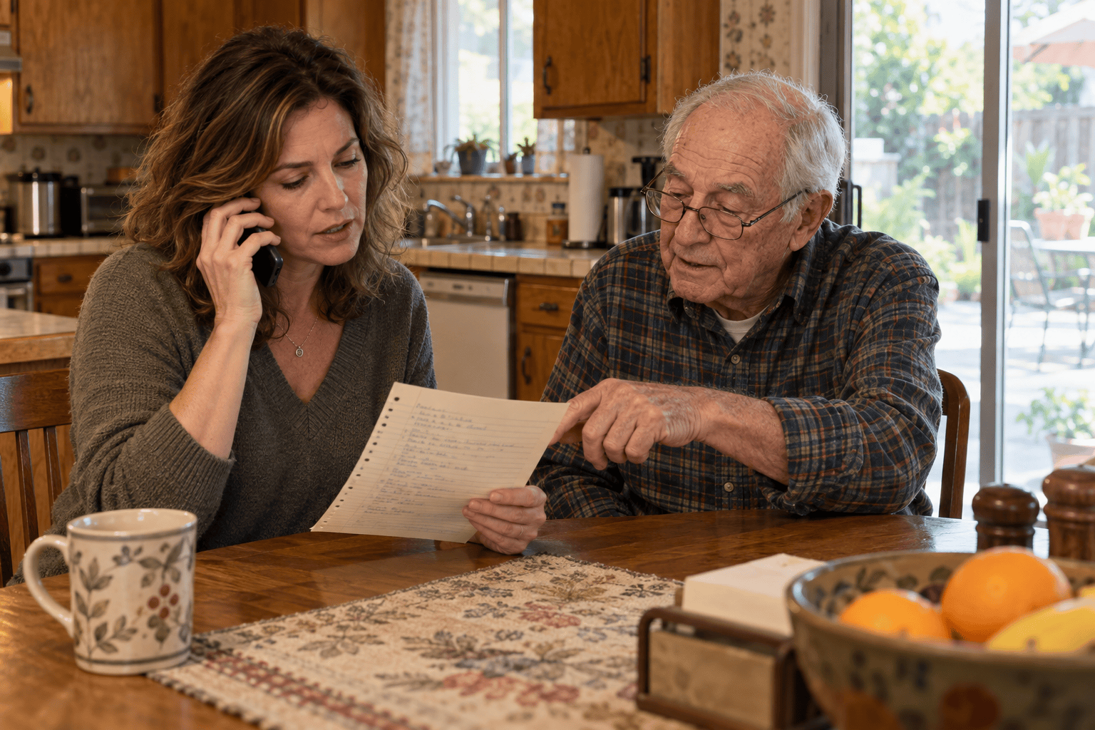 Adult daughter reviewing a home repair list by phone with her father at his kitchen table