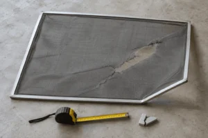 Aluminum window screen frame with torn mesh laid flat on a floor to check if it is bent
