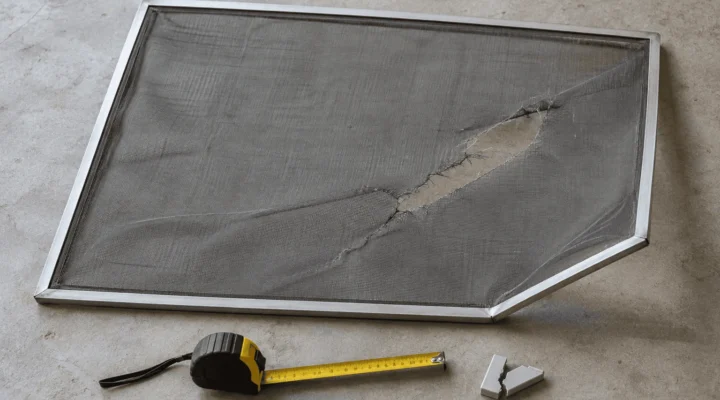 Aluminum window screen frame with torn mesh laid flat on a floor to check if it is bent