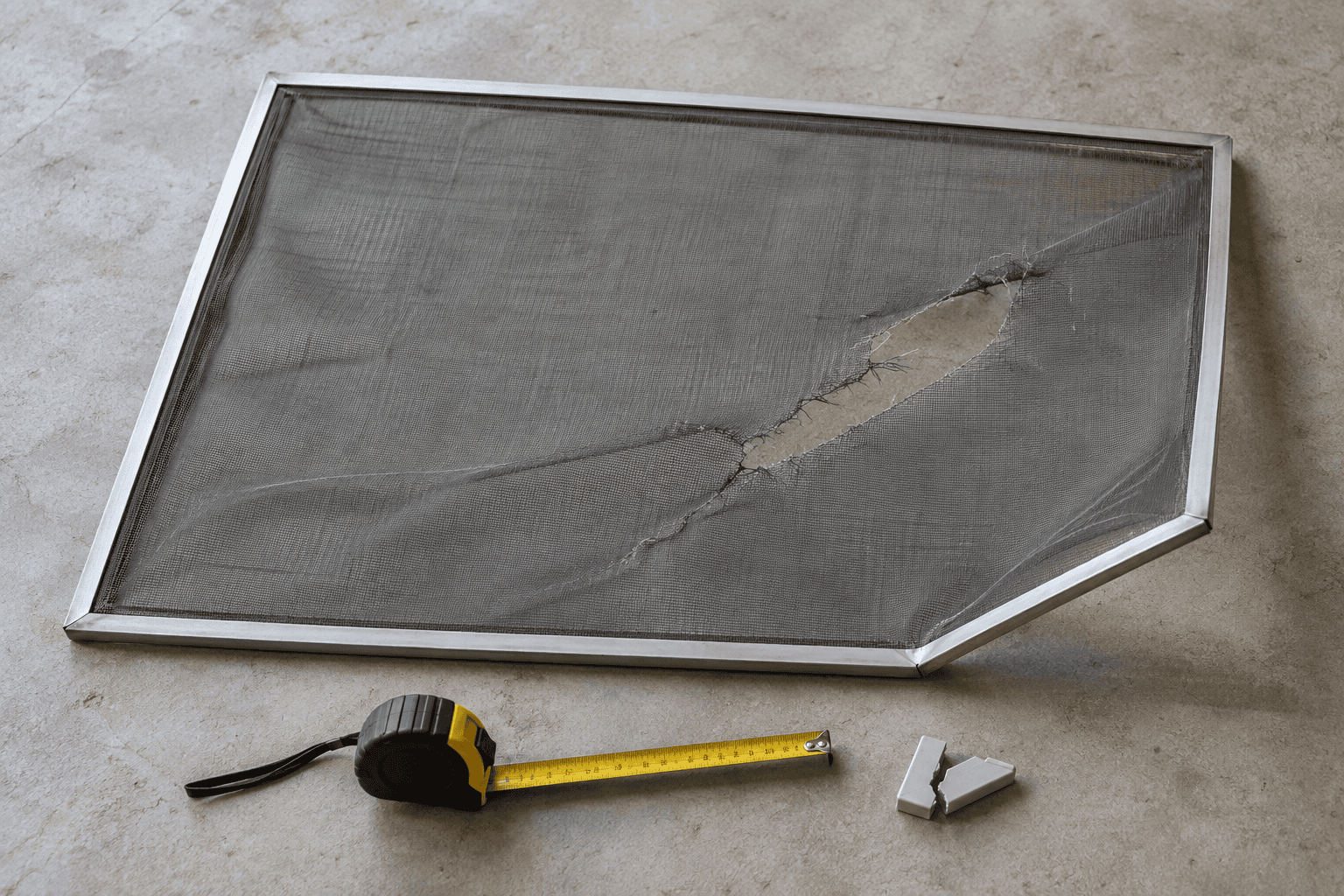 Aluminum window screen frame with torn mesh laid flat on a floor to check if it is bent Aluminum window screen frame with torn mesh laid flat on a floor to check if it is bent
