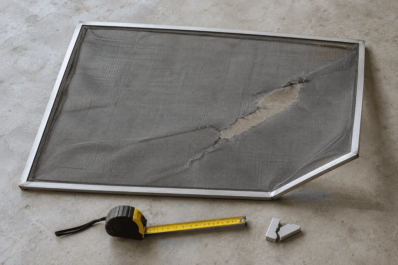 Aluminum window screen frame with torn mesh laid flat on a floor to check if it is bent