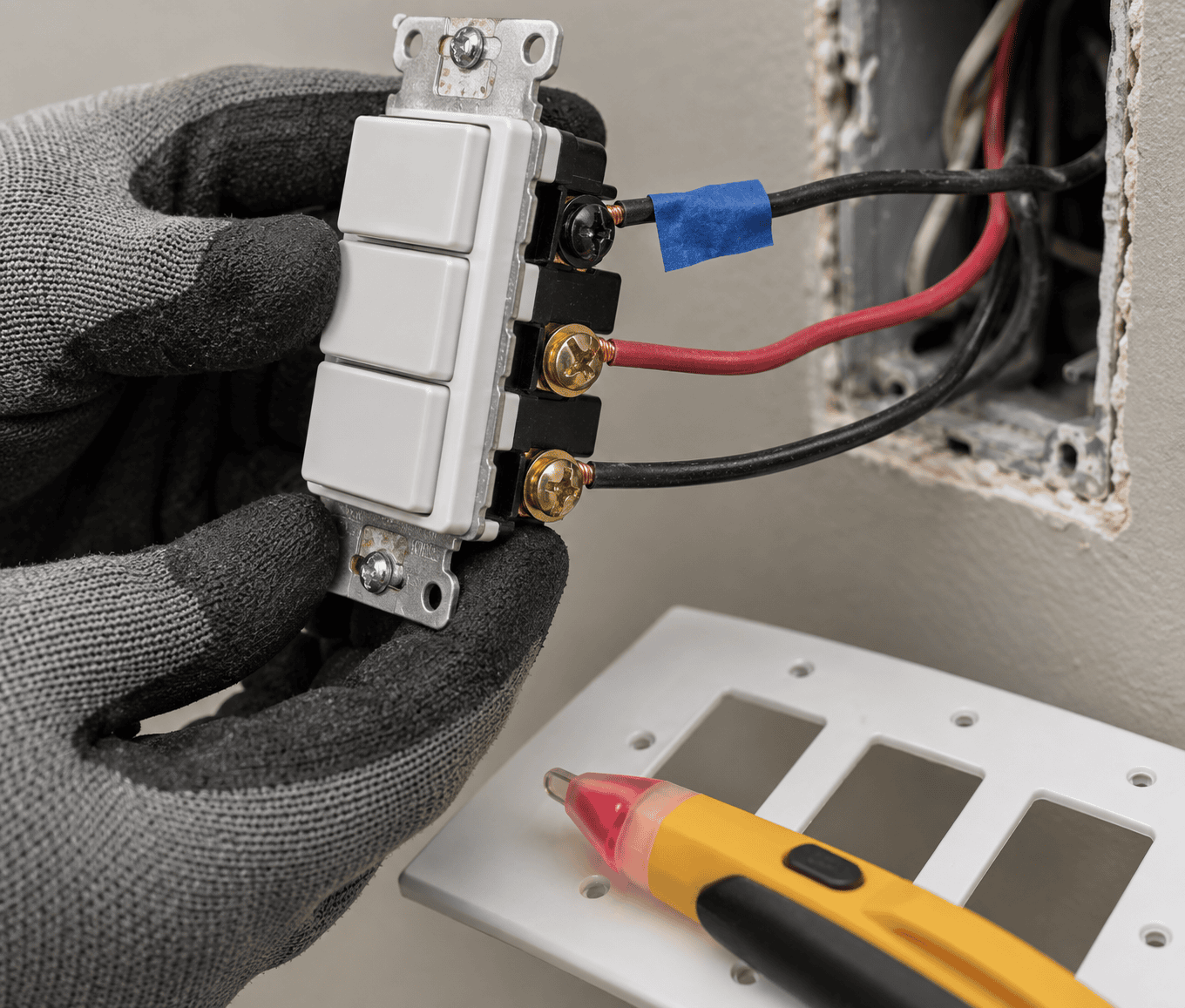 Close up of a 3 way switch pulled from the wall with tape marking the common wire Close up of a 3 way switch pulled from the wall with tape marking the common wire