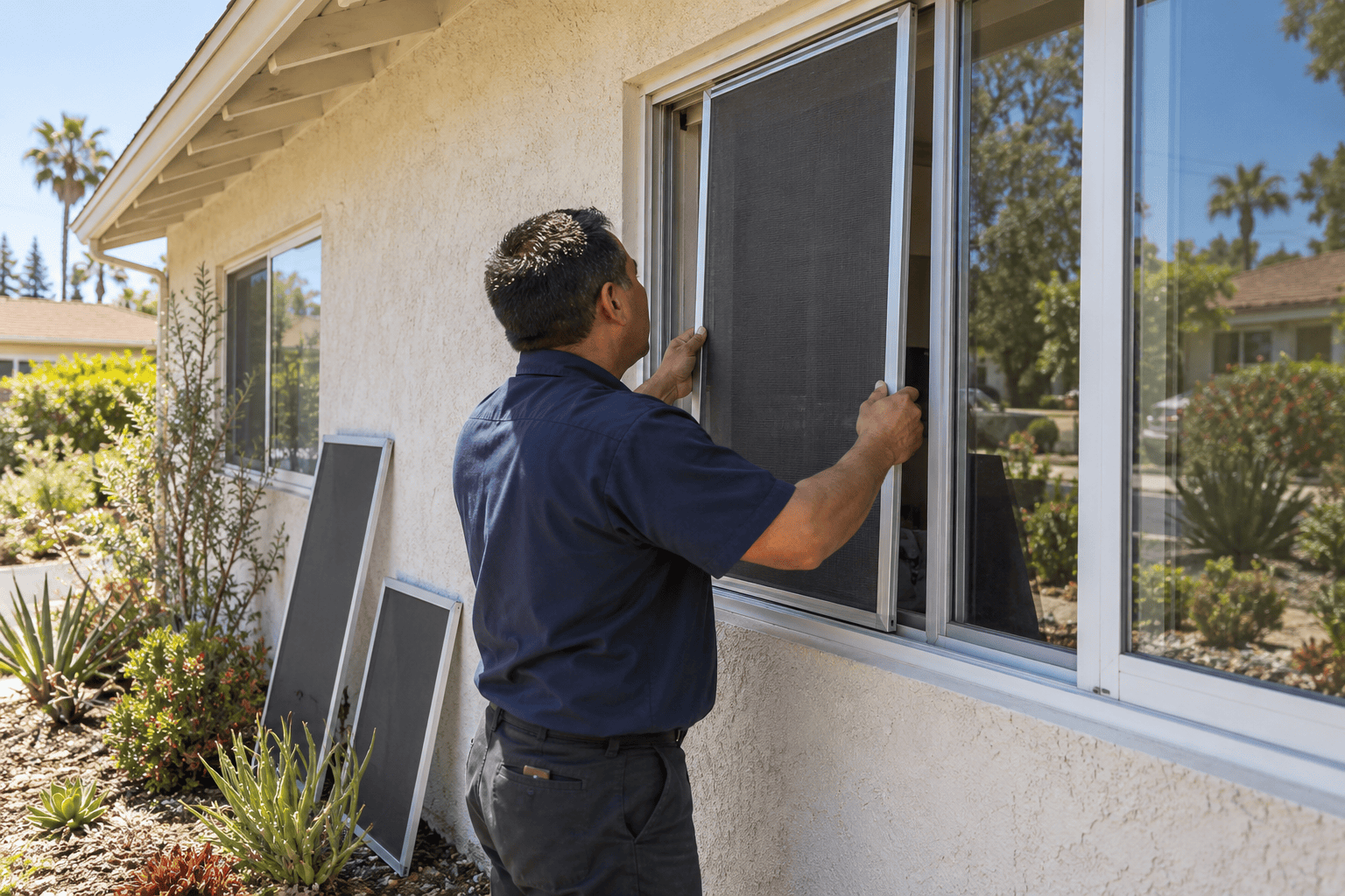Freshly rescreened window screen fitted into a window on a single story California home. Freshly rescreened window screen fitted into a window on a single story California home.