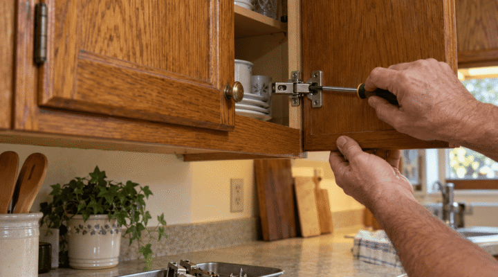 Handyman adjusting a sagging kitchen cabinet door hinge