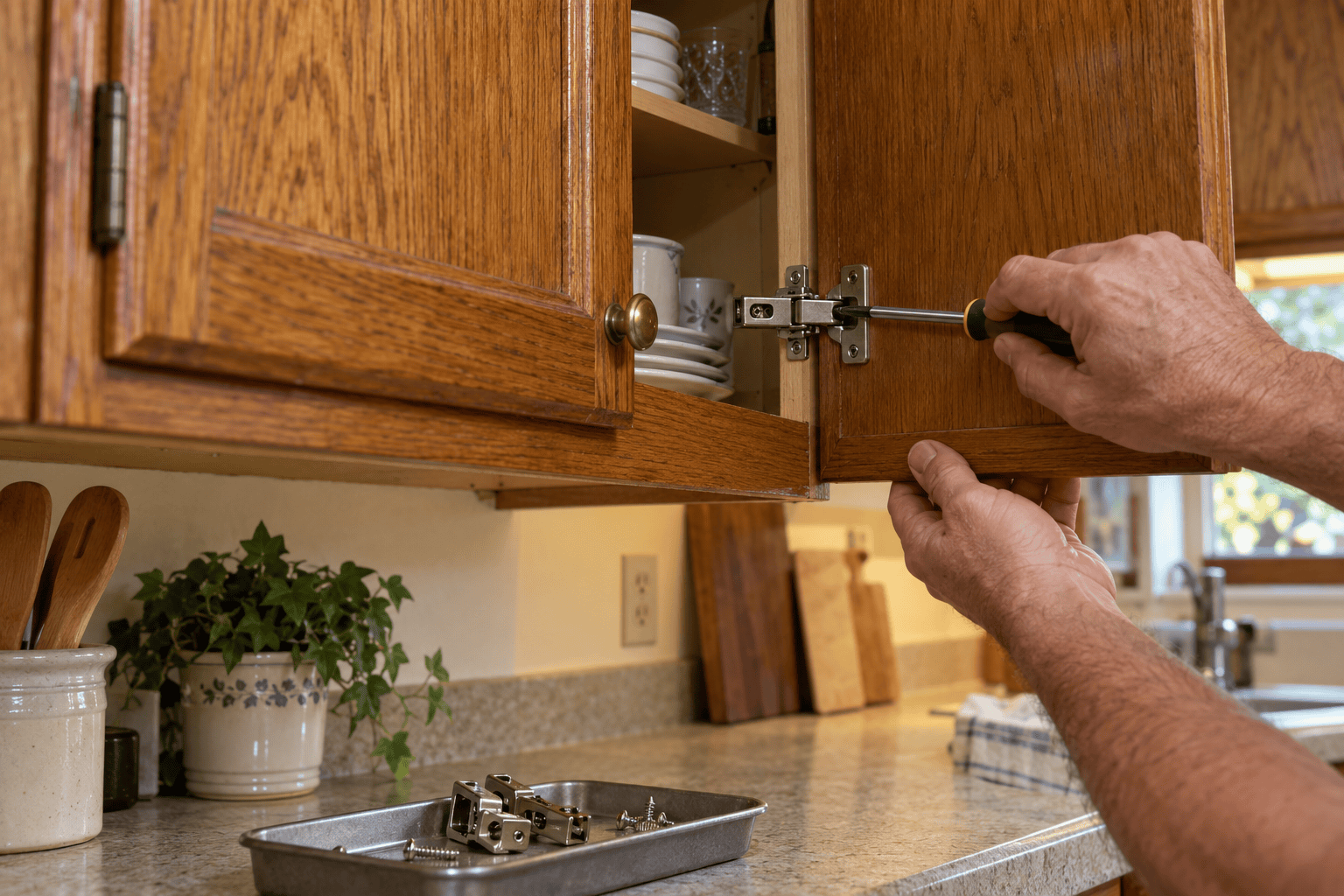 Handyman adjusting a sagging kitchen cabinet door hinge Handyman adjusting a sagging kitchen cabinet door hinge