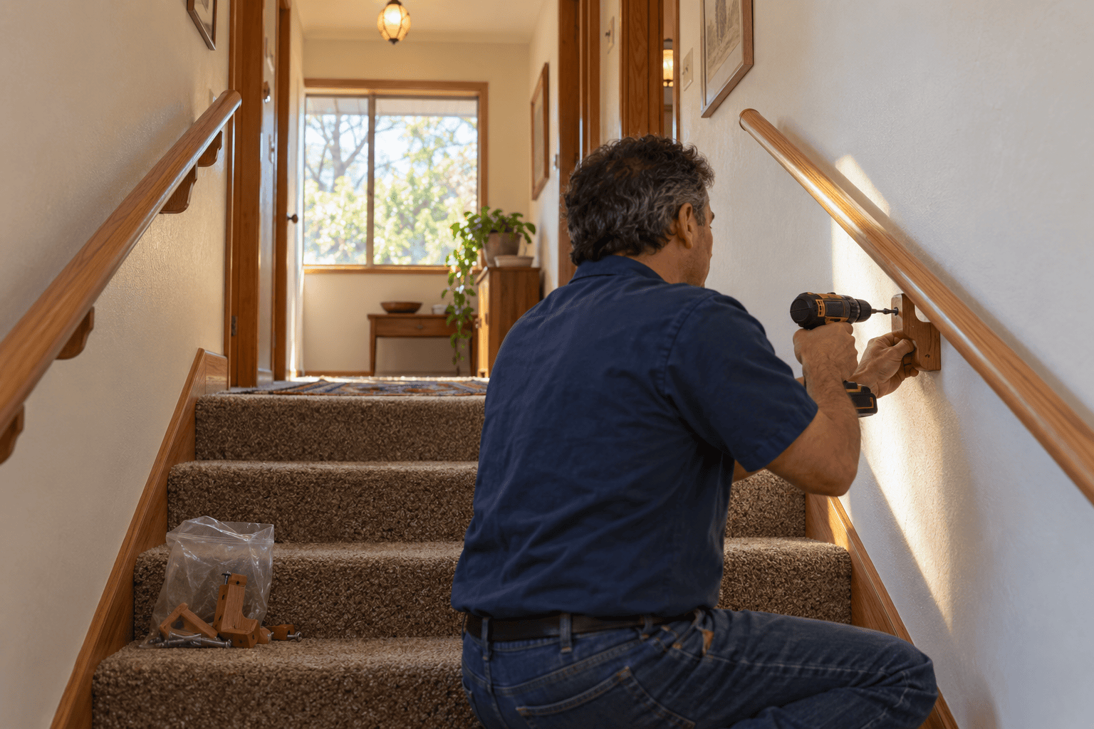 Handyman fitting a second handrail on interior stairs in an older San Jose house