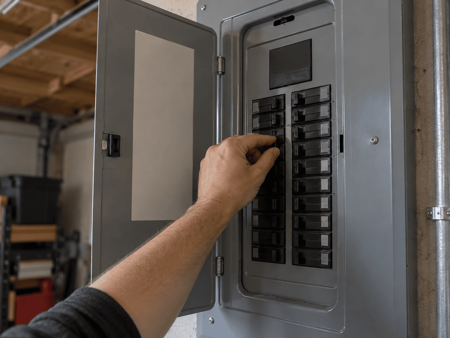 Homeowner switching off a breaker in a residential panel before working on a light switch Homeowner switching off a breaker in a residential panel before working on a light switch
