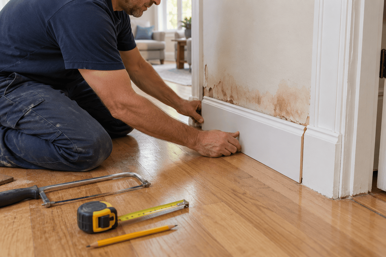 New section of baseboard being fitted along a wall in an older home New section of baseboard being fitted along a wall in an older home