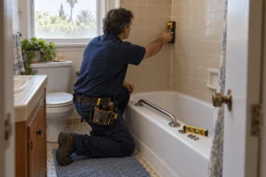 Technician installing a stainless grab bar on a tiled shower wall in a South Bay home