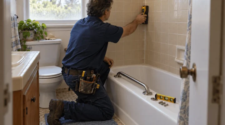 Technician installing a stainless grab bar on a tiled shower wall in a South Bay home