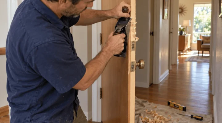 Technician planing the edge of a sticking interior door in a San Jose home