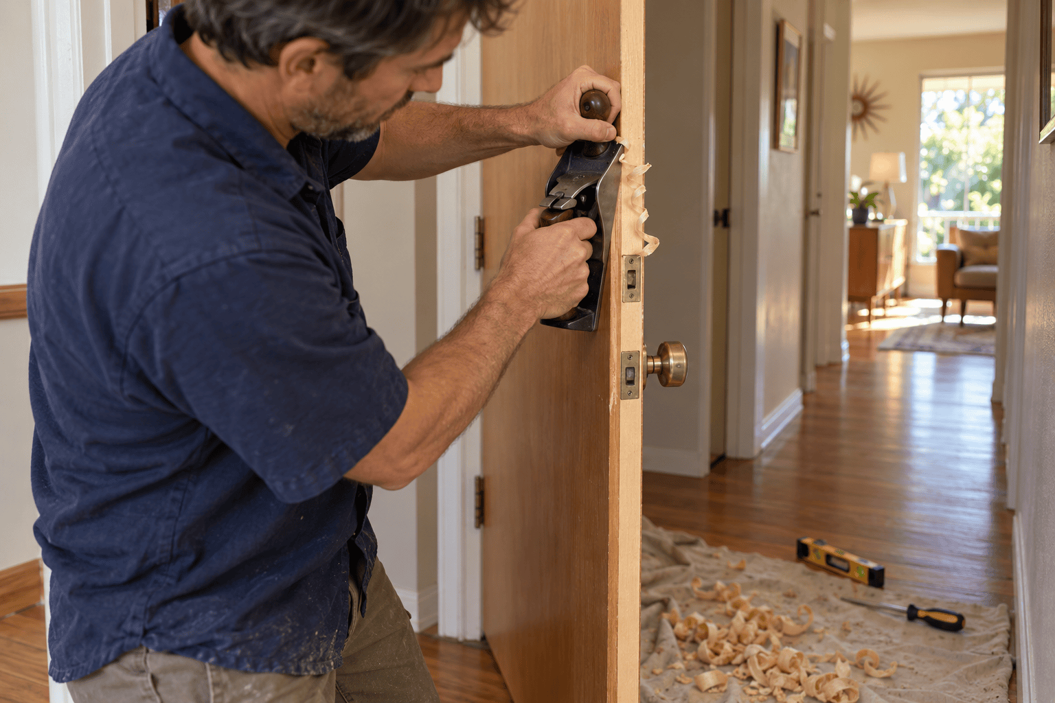 Technician planing the edge of a sticking interior door in a San Jose home Technician planing the edge of a sticking interior door in a San Jose home