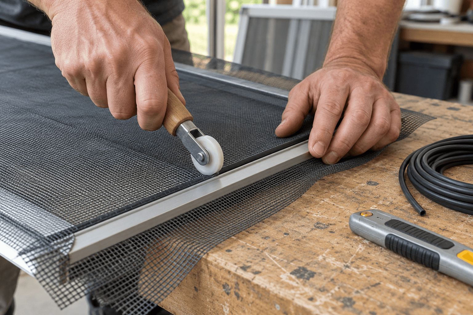 Technician pressing new fiberglass mesh into a window screen frame with a spline roller. Technician pressing new fiberglass mesh into a window screen frame with a spline roller.
