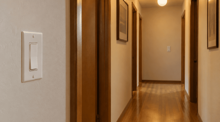 Two light switches at both ends of a hallway controlling the same ceiling light