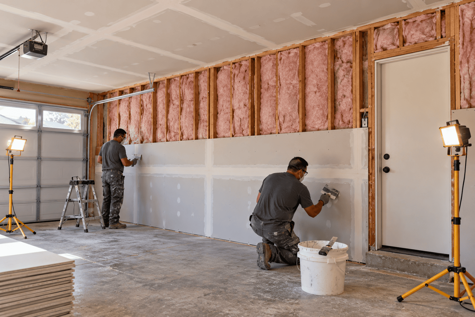 Attached garage with half hung drywall, taped joints and a solid door to the house during a garage drywall installation.
