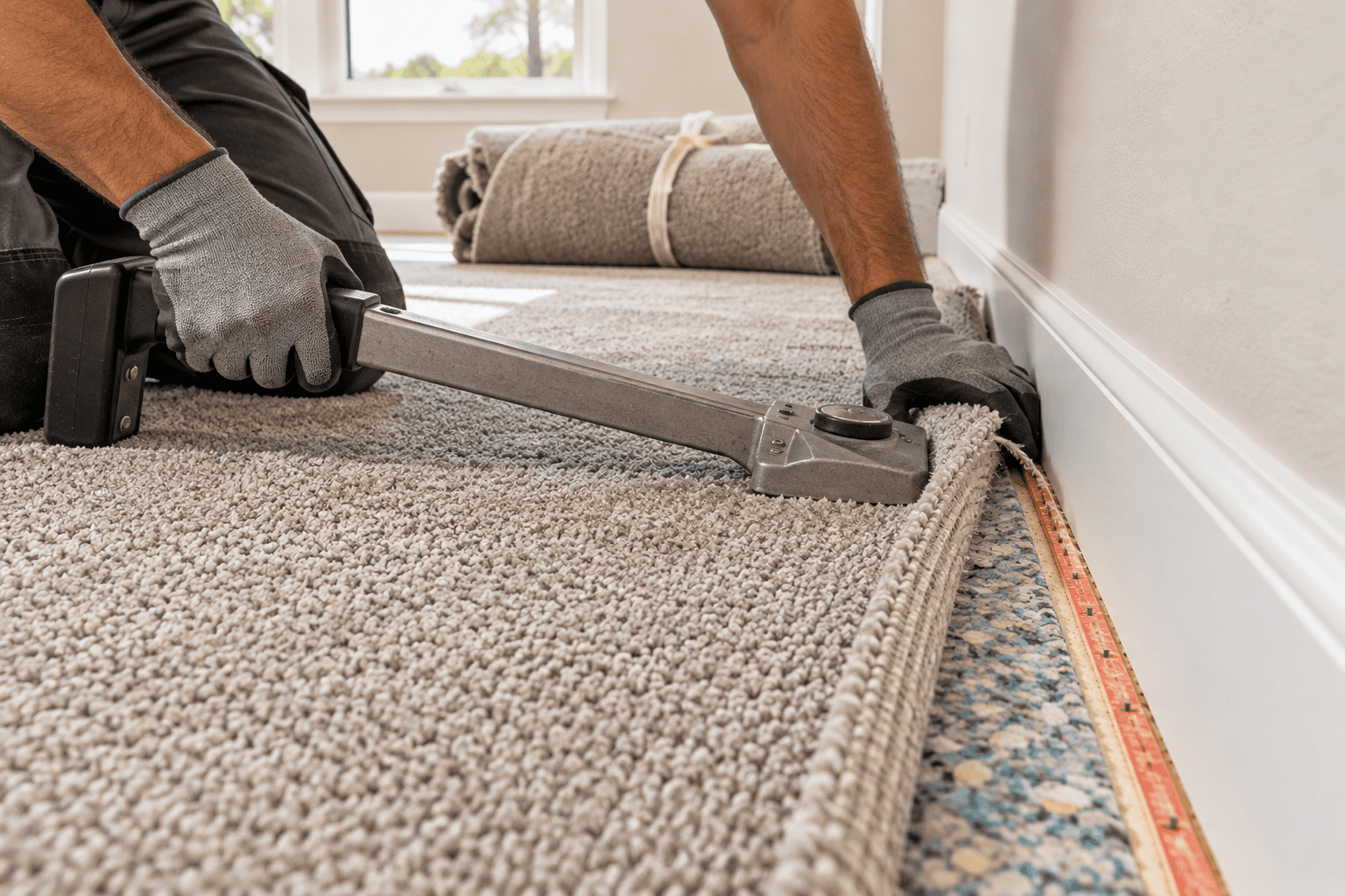 Installer stretching new carpet over padding along a wall with old carpet rolled up nearby