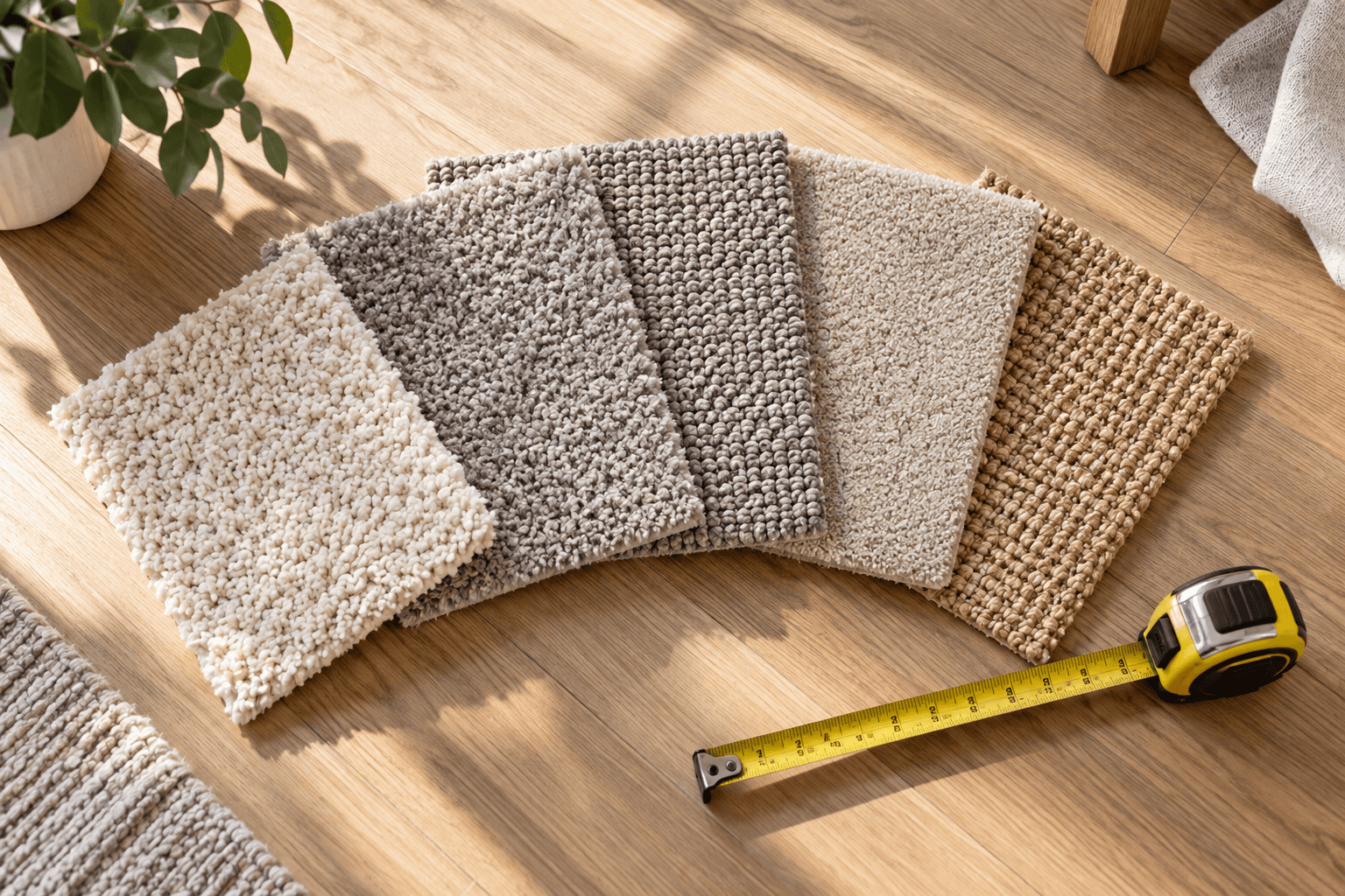 Carpet samples in wool, polyester, olefin, nylon, and sisal laid out beside a tape measure