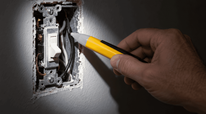 Hand holding a non contact voltage tester against the wires in an open light switch box