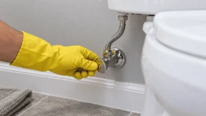 Hand turning the shutoff valve behind a toilet to stop it overflowing