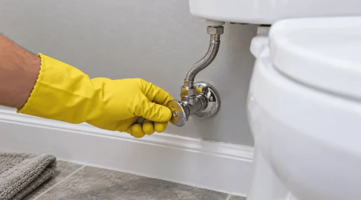 Hand turning the shutoff valve behind a toilet to stop it overflowing