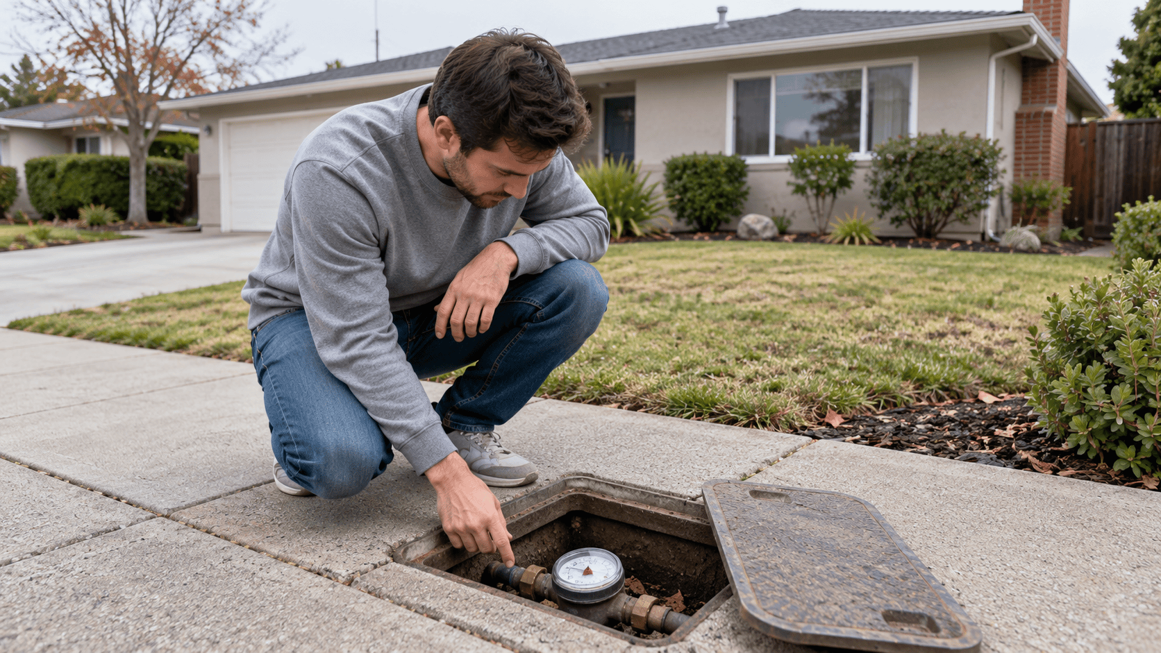 Homeowner reading a residential water meter in a sidewalk meter box in front of a single story 1960s ranch house in San Jose Homeowner reading a residential water meter in a sidewalk meter box in front of a single story 1960s ranch house in San Jose