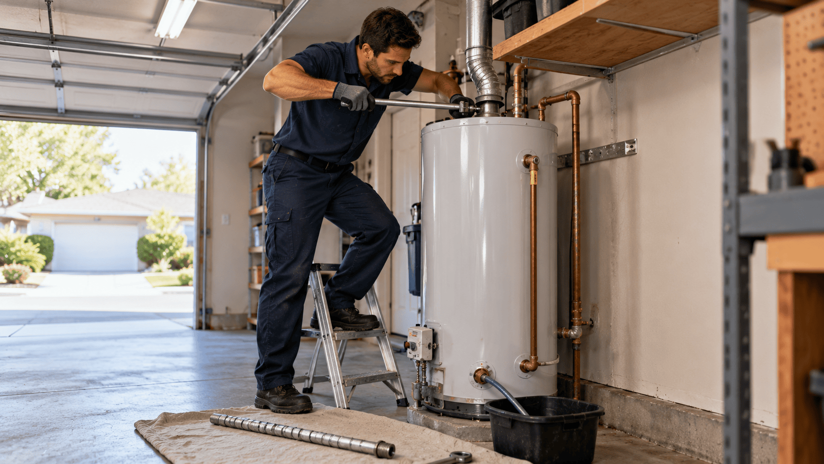 Plumbing technician using a breaker bar to loosen the anode rod hex head on top of a gas water heater in a California garage