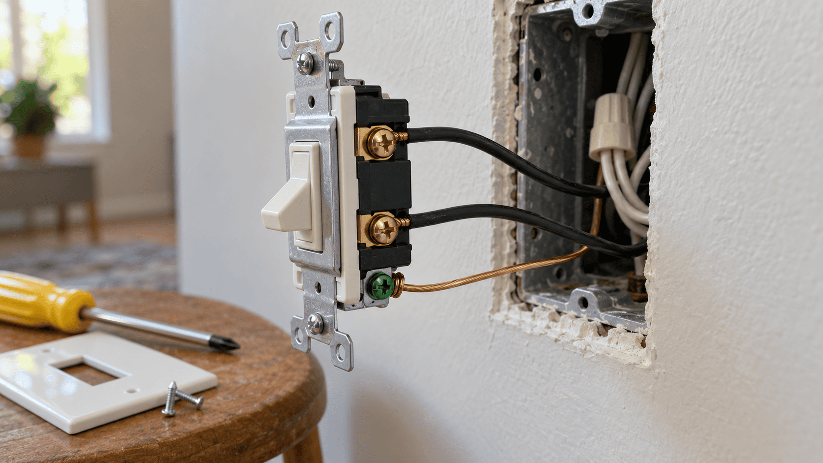 Single pole light switch pulled forward from the wall box with black and ground wires attached Single pole light switch pulled forward from the wall box with black and ground wires attached