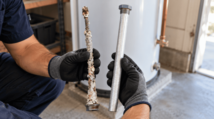 Spent magnesium anode rod with exposed core wire held next to a new rod in front of a residential tank water heater