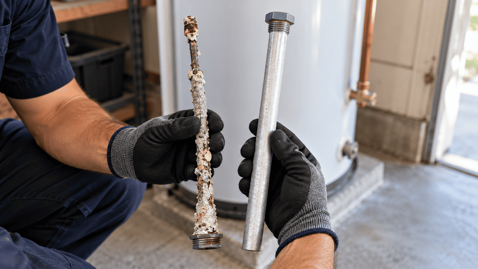 Spent magnesium anode rod with exposed core wire held next to a new rod in front of a residential tank water heater