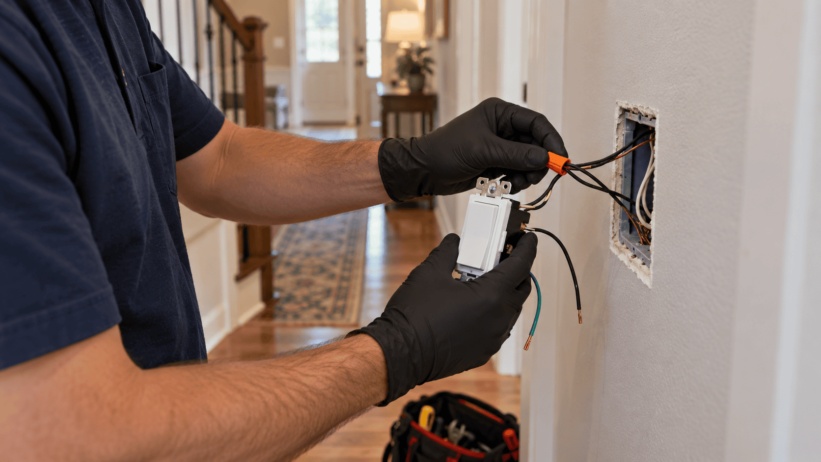 Technician connecting the wire leads of a dimmer switch to house wiring with twist on connectors Technician connecting the wire leads of a dimmer switch to house wiring with twist on connectors