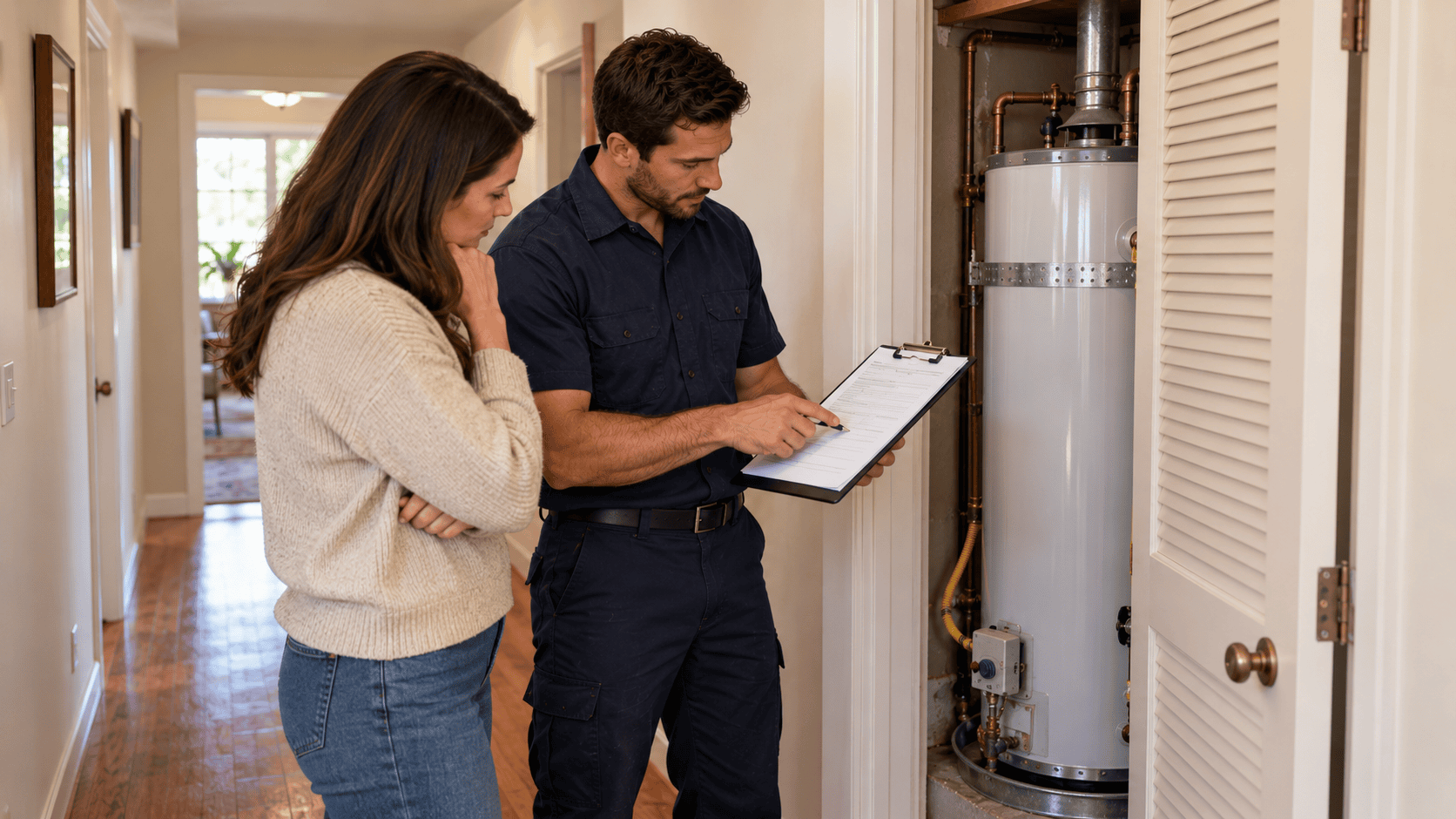 Technician showing a homeowner a written estimate beside a hall closet water heater in a 1960s San Jose ranch house