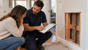 Technician showing a homeowner a written estimate on a clipboard beside an open wall cavity with an exposed copper water line