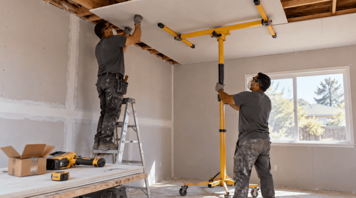 Two installers lift a drywall panel onto the ceiling joists of a bare bedroom during a drywall installation.
