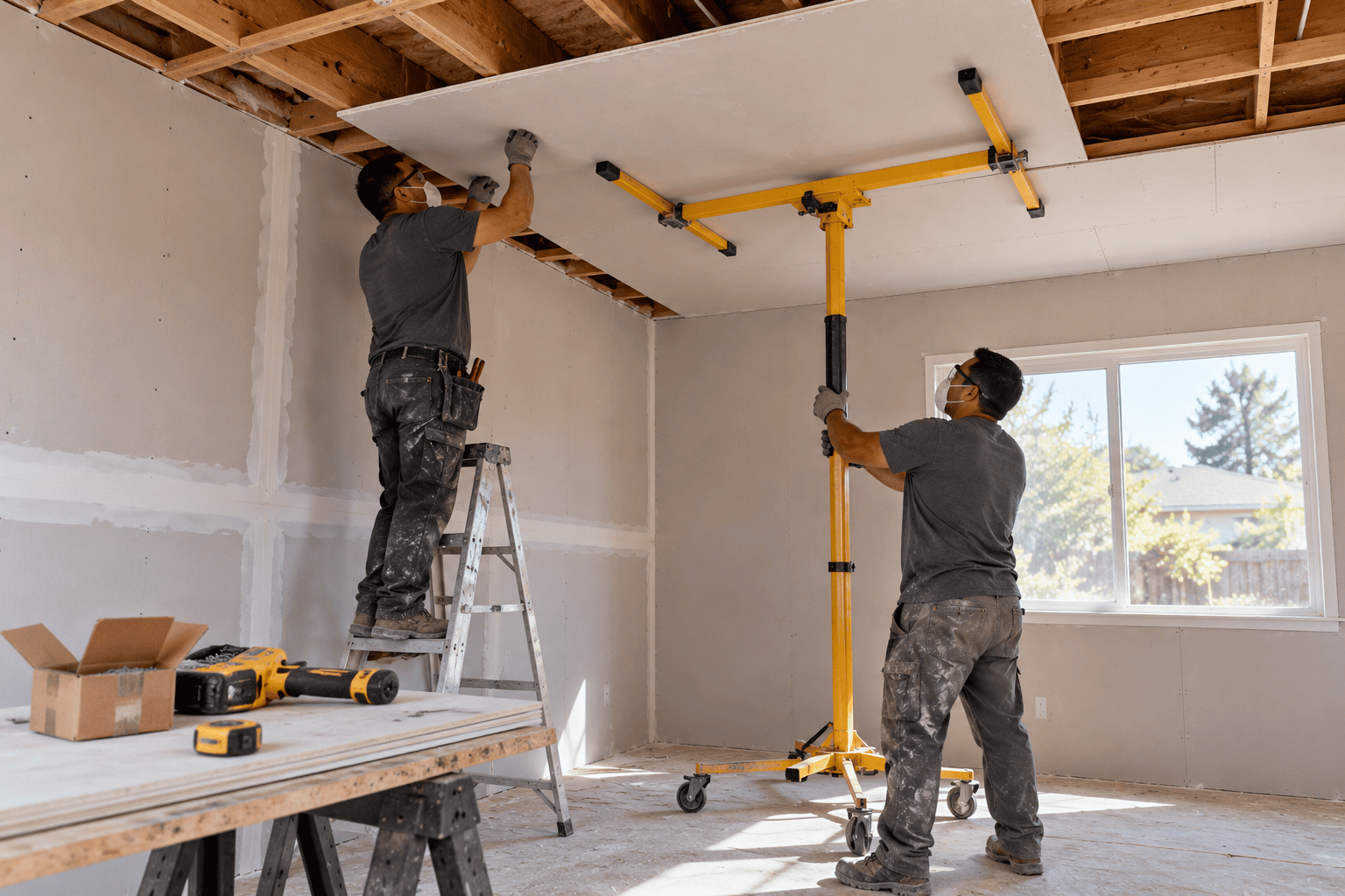 Two installers lift a drywall panel onto the ceiling joists of a bare bedroom during a drywall installation.