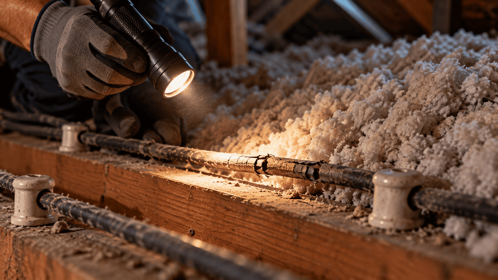 attic wiring inspection by flashlight Flashlight beam on cracked, aged wire insulation next to attic insulation during an inspection of knob and tube wiring