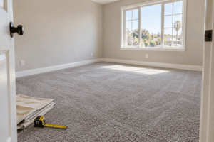 Bedroom with freshly installed gray carpet and a tape measure by the doorway
