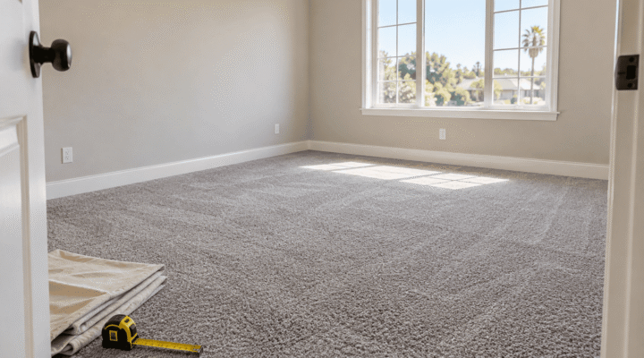 Bedroom with freshly installed gray carpet and a tape measure by the doorway