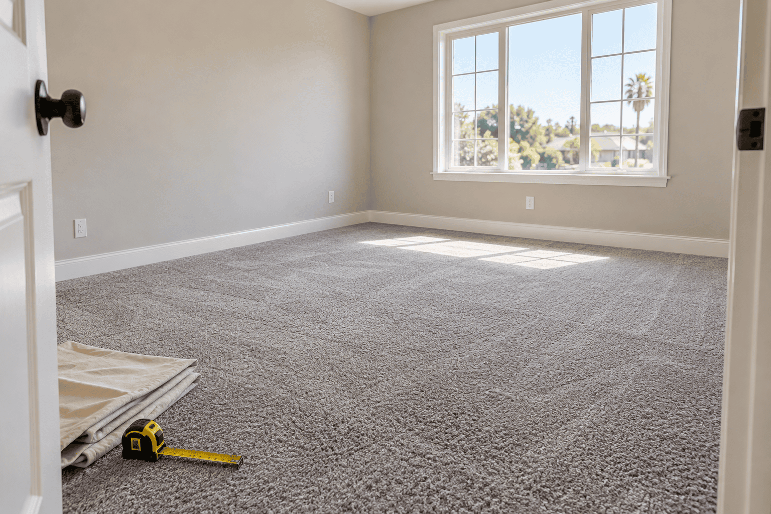 Bedroom with freshly installed gray carpet and a tape measure by the doorway