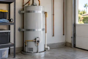Strapped tank water heater in a tidy garage with a relief valve and discharge pipe