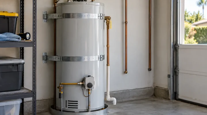Strapped tank water heater in a tidy garage with a relief valve and discharge pipe