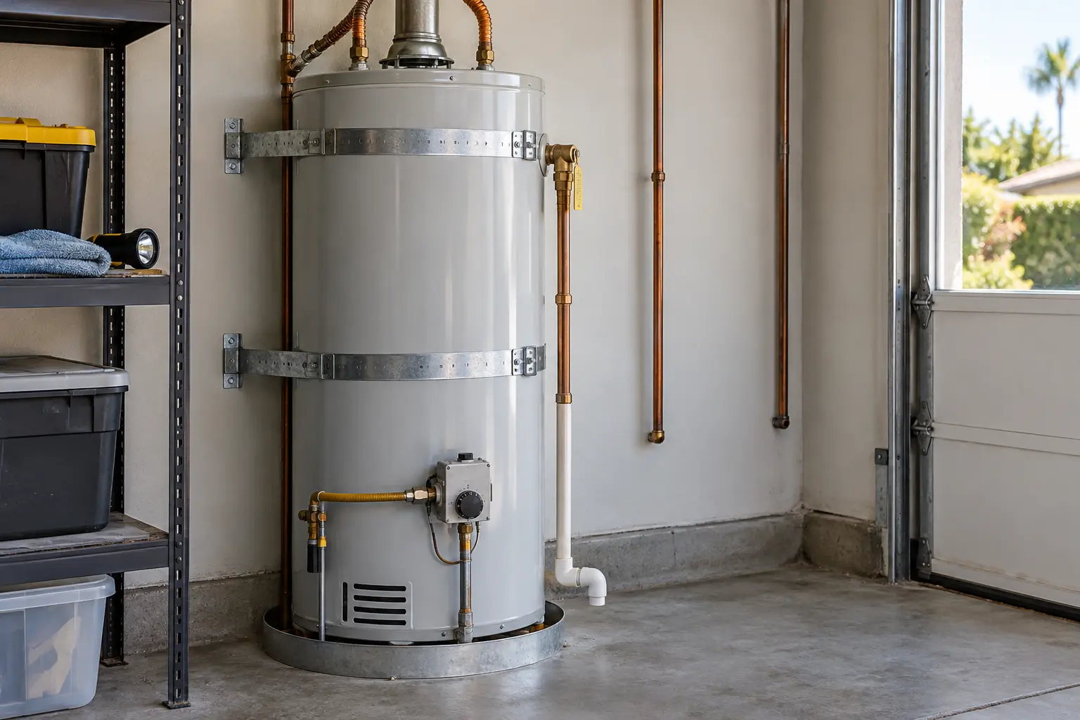 Strapped tank water heater in a tidy garage with a relief valve and discharge pipe