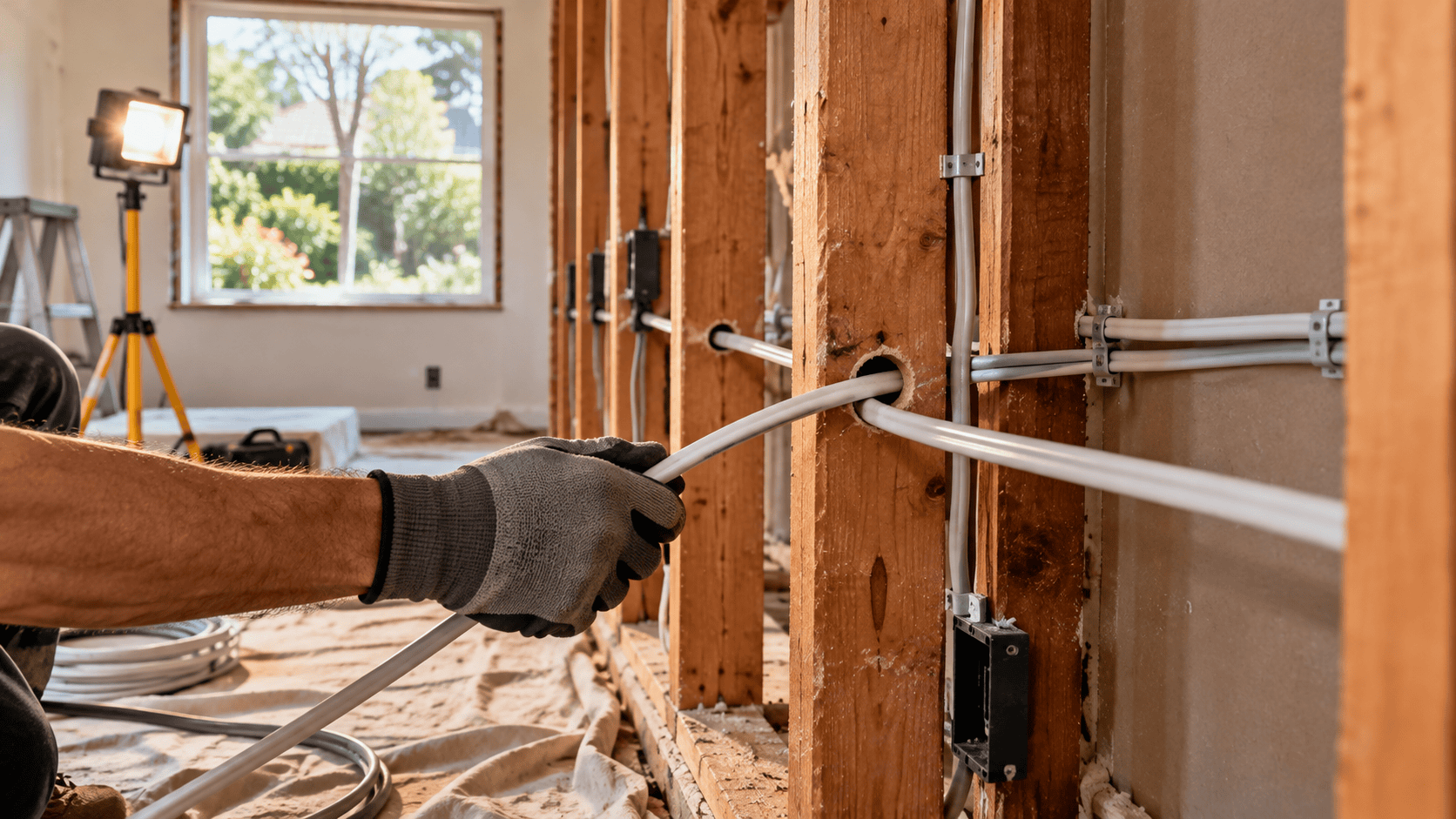 rewiring exposed stud wall New electrical cable run through open wall framing during a knob and tube wiring replacement