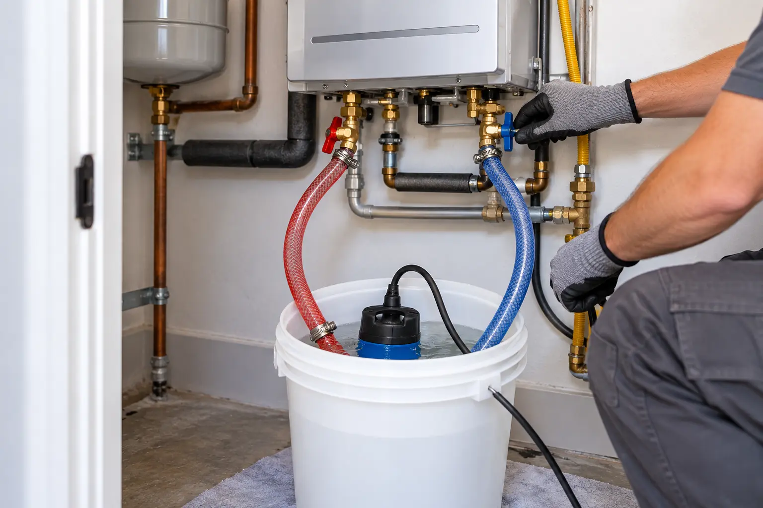 Tankless water heater with hoses on the service valves connected to a descaling pump and bucket