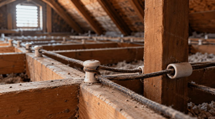 Single wires on porcelain knobs and tubes along attic joists, an example of knob and tube wiring in an older home
